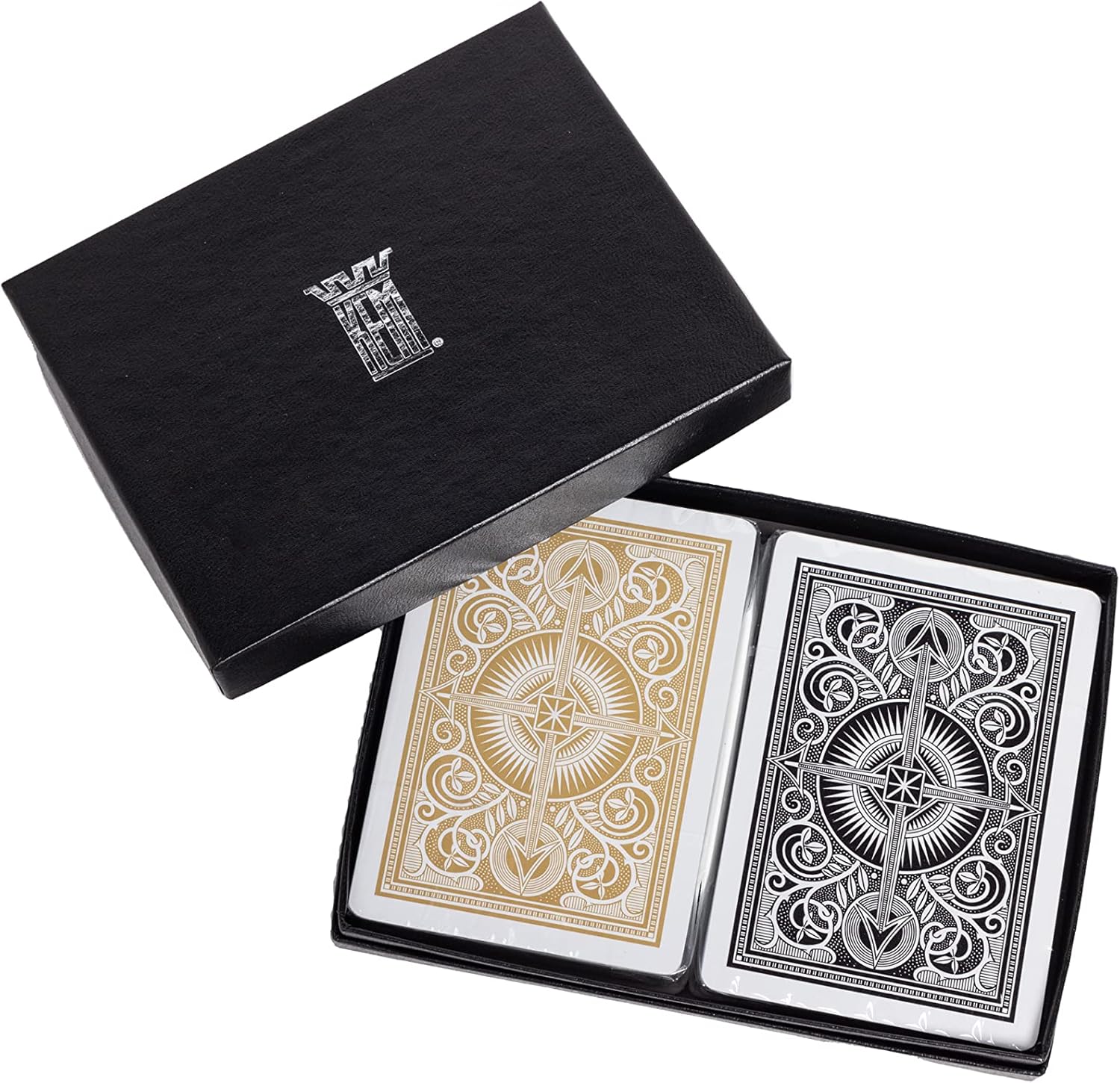 KEM Playing cards with decorative designs in a black box on a white background