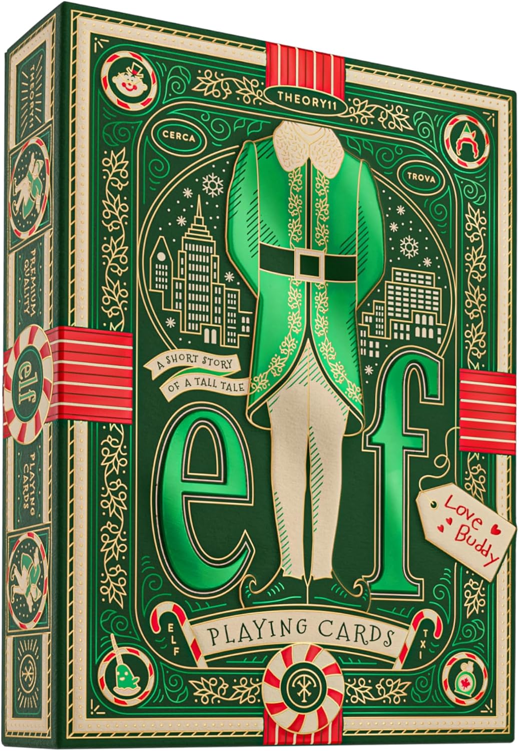 Green playing card box with 'Elf' design and decorative elements