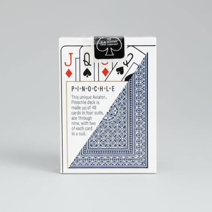 Pinochle playing card with deck information on a white background