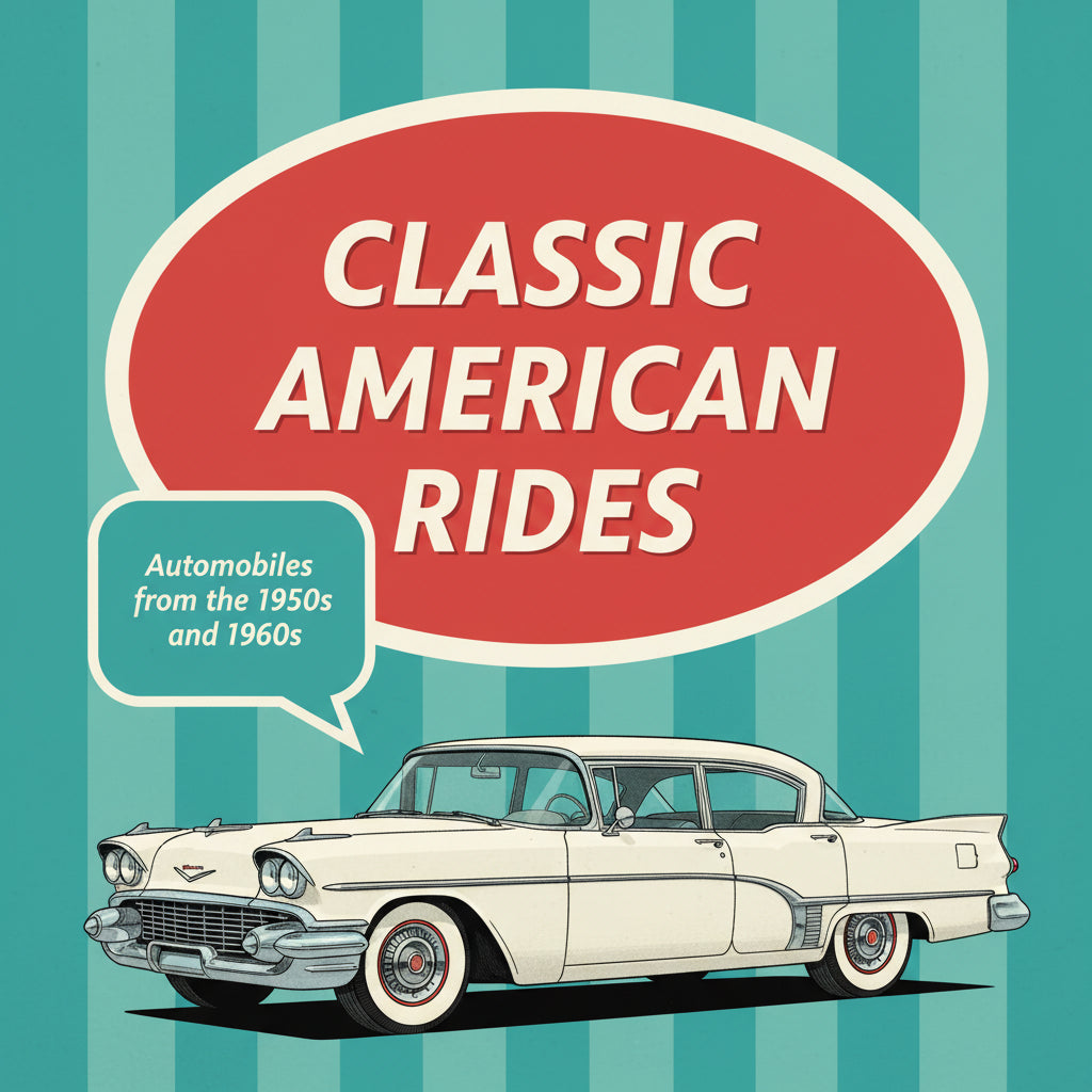 Front cover of card box of 'Classic American Rides' featuring a vintage car illustration on a blue and red background.