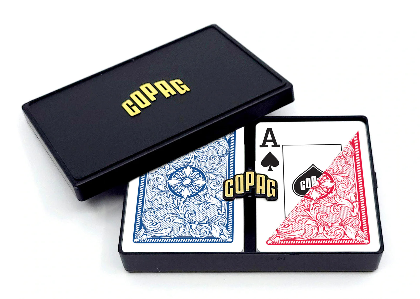 Two decks of Copag Legacy Poker Size Jumbo Index (Red & Blue) playing cards with a black box on a white background