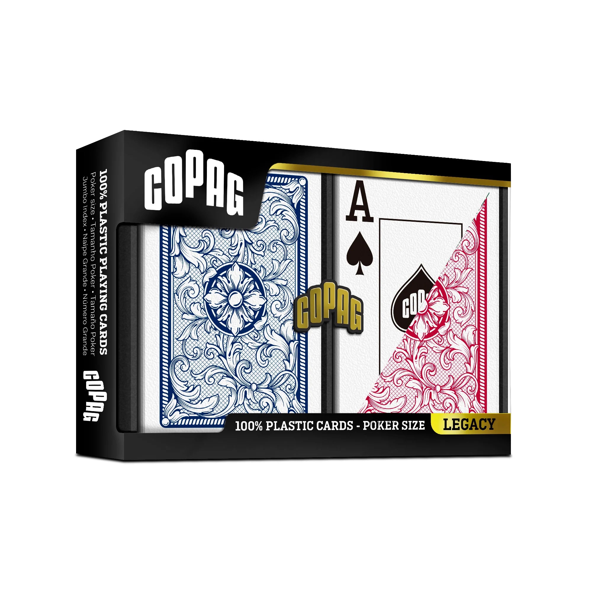 Copag Legacy Poker Size Jumbo Index (Red & Blue) playing cards packaging with two cards displayed on a white background