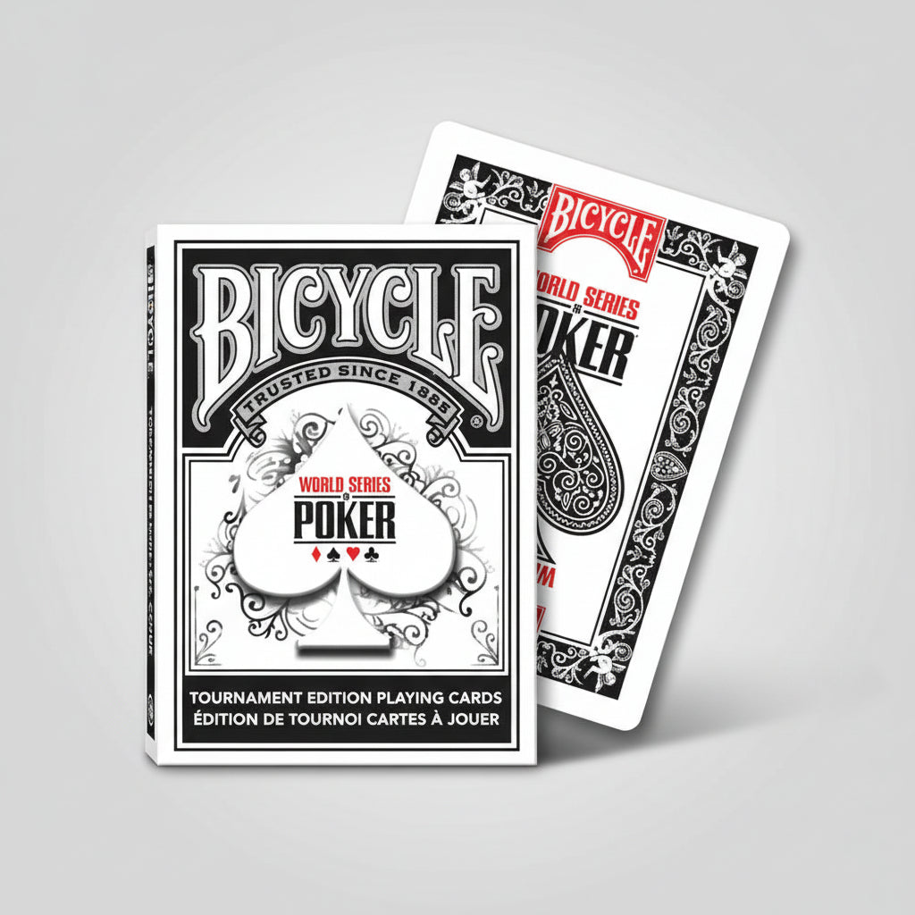 Bicycle World Series of Poker playing cards on a gray background