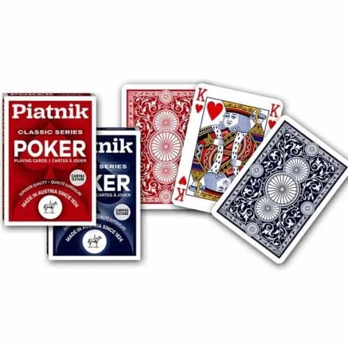 Piatnik poker cards with red and blue designs on a white background