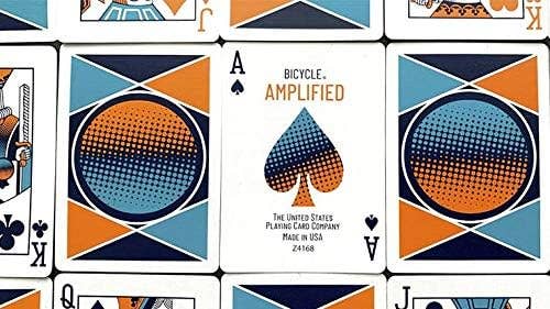 Playing cards with Bicycle Amplified logo and design elements.