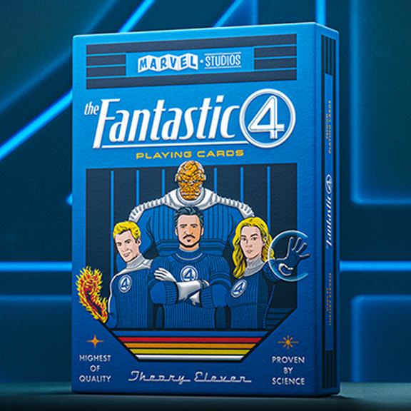 Playing card box featuring characters from 'The Fantastic 4' with a blue background