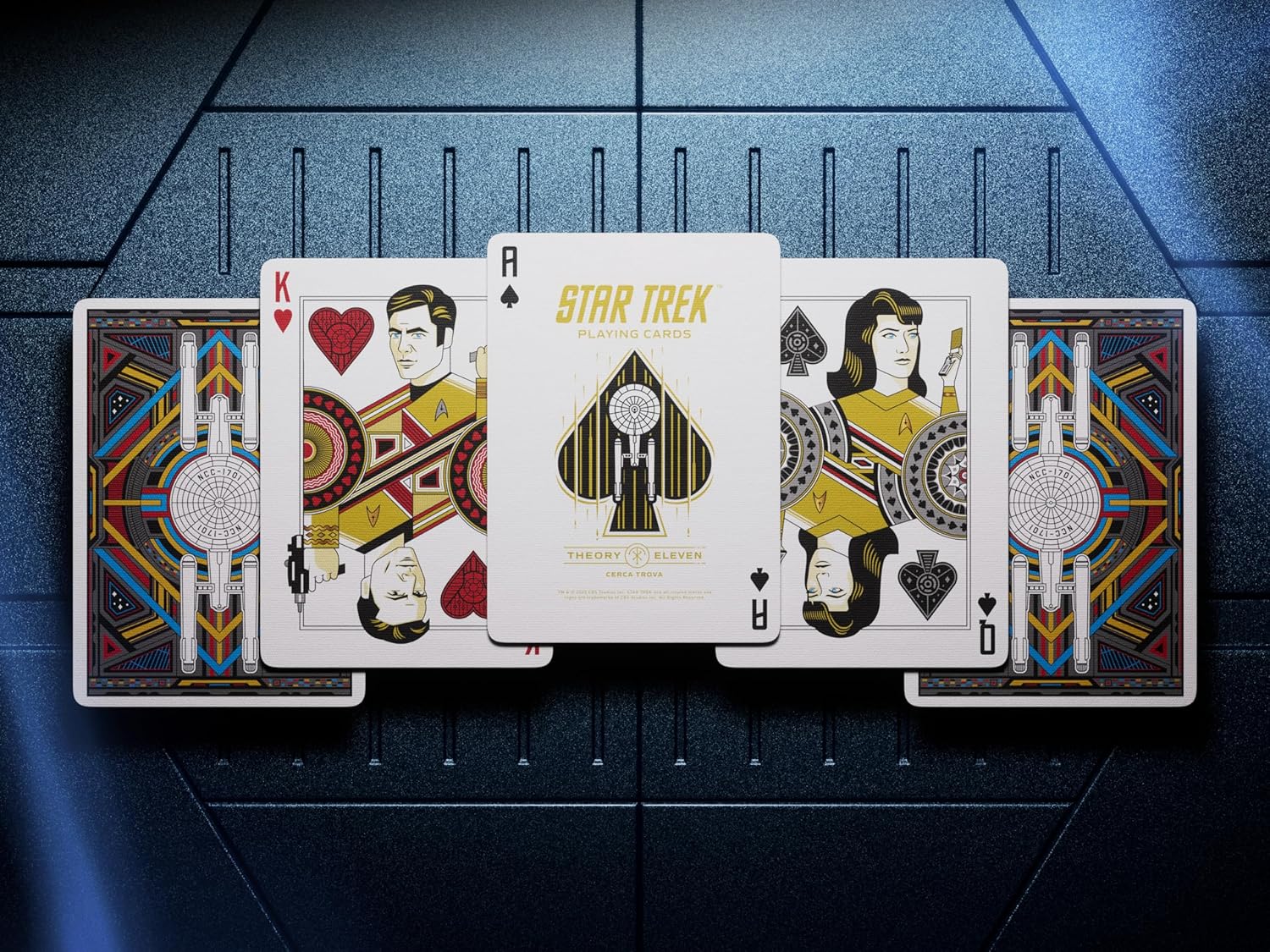 Star Trek playing cards on a blue grid background