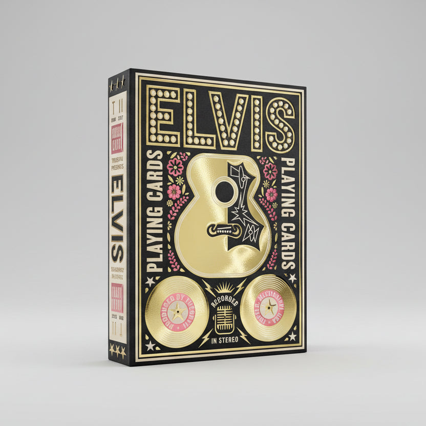 Theory11 Elvis tuck box with black, pink, and gold foil guitar and marquee ‘ELVIS’ lettering.