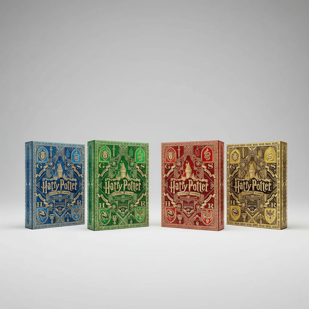 Four Harry Potter-themed books with house colors against a dark, castle background.