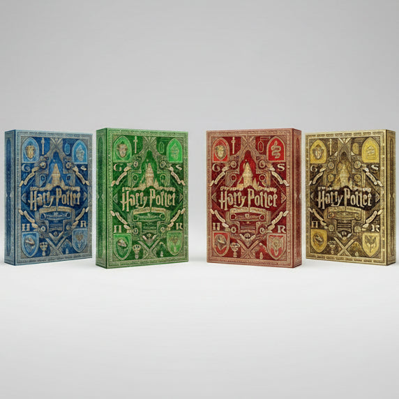 Four Harry Potter-themed books with house colors against a dark, castle background.