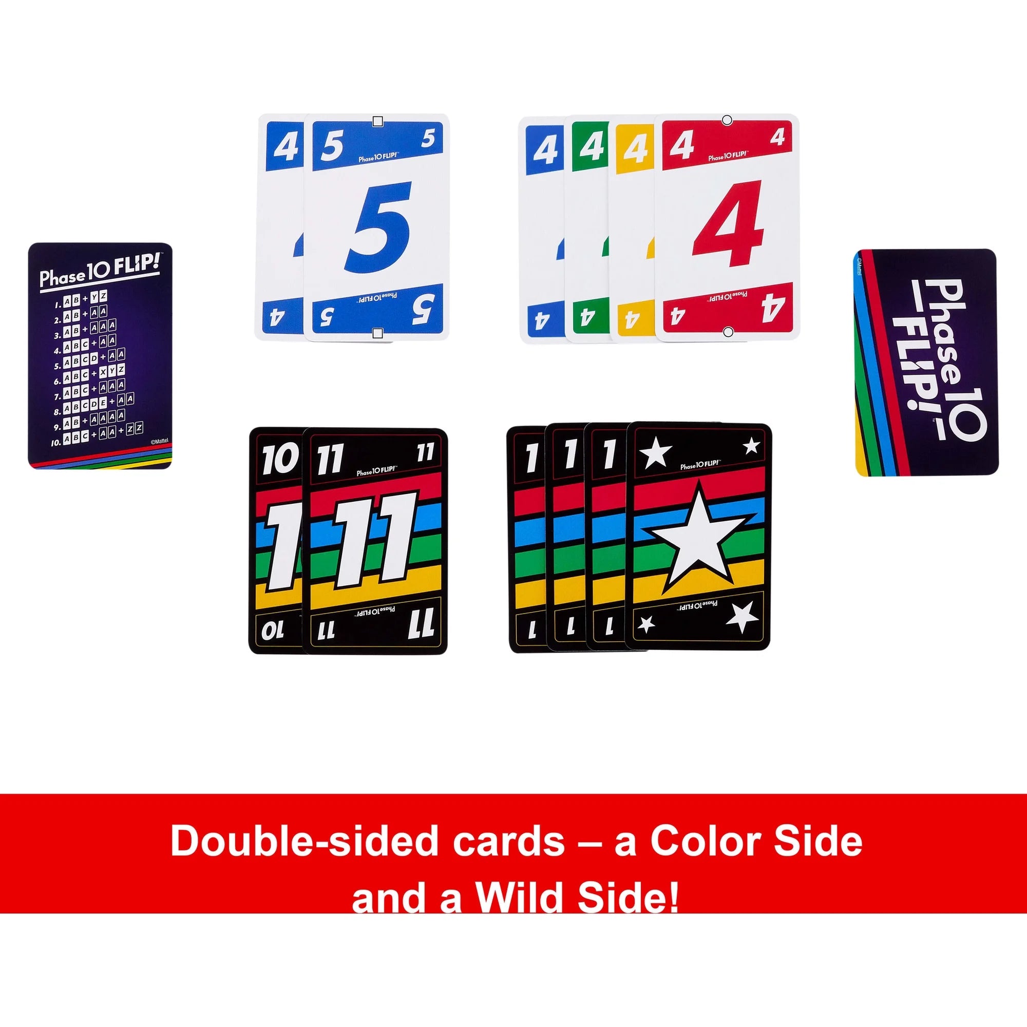 A set of double-sided Phase 10 Flip cards shown on a white background with a red text banner at the bottom. The cards display colorful number and symbol sides, including blue 5s, red 4s, rainbow bars, and black wild cards with a white star.