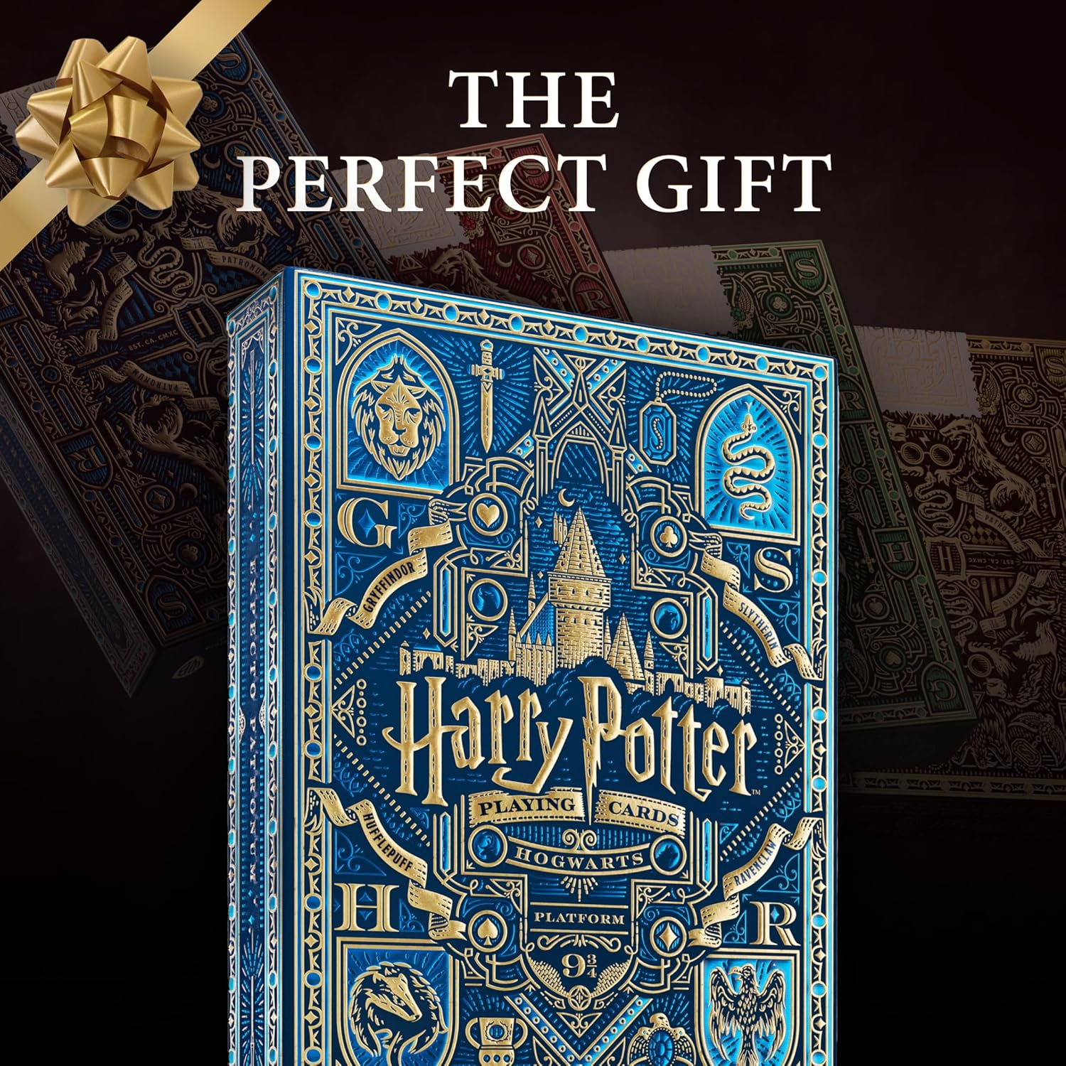 Harry Potter playing cards box with decorative elements on a dark background