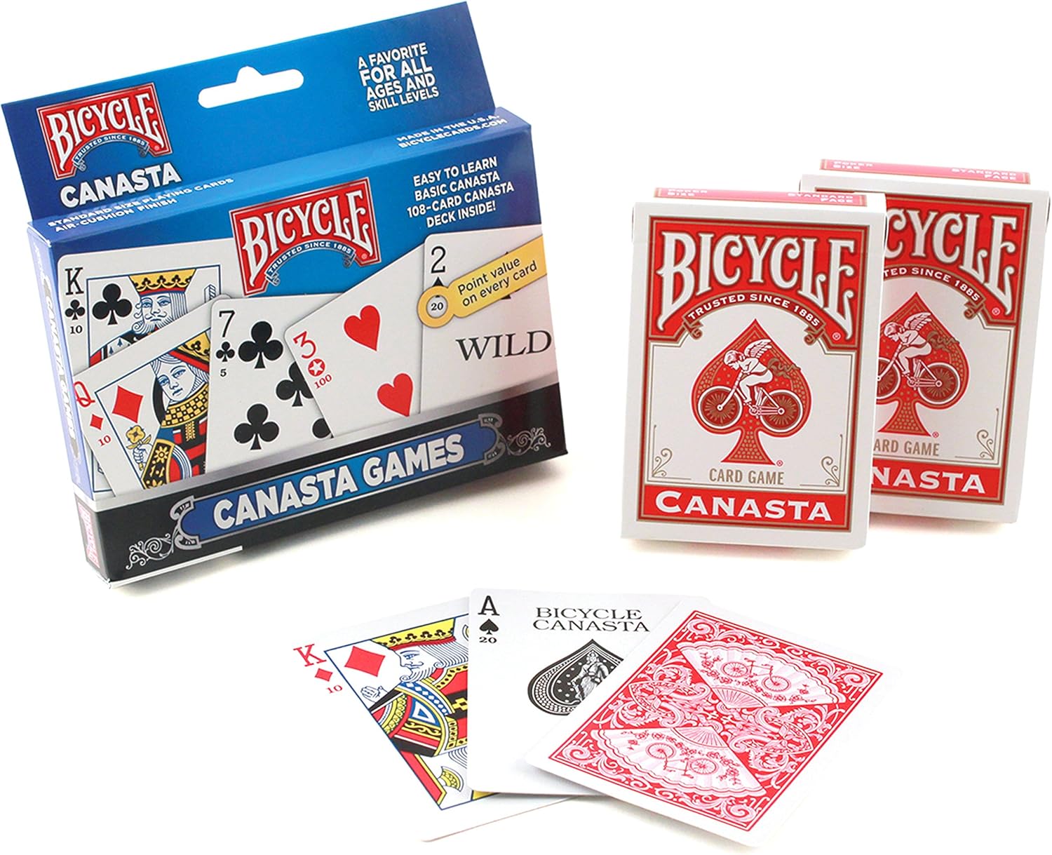 Bicycle Canasta card game packaging and cards on a white background