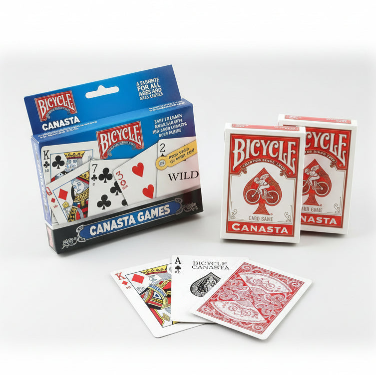 Bicycle Canasta card game packaging and cards on a white background