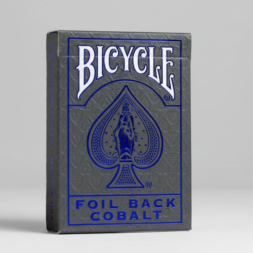 Bicycle Foil Back Cobalt playing card box with blue and gray design.