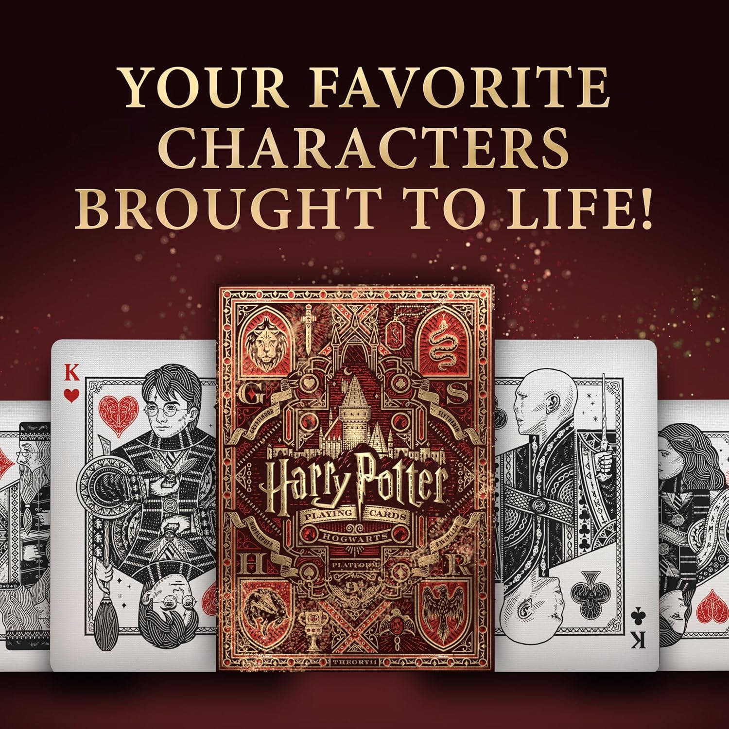 Harry Potter playing cards with character illustrations on a dark red background