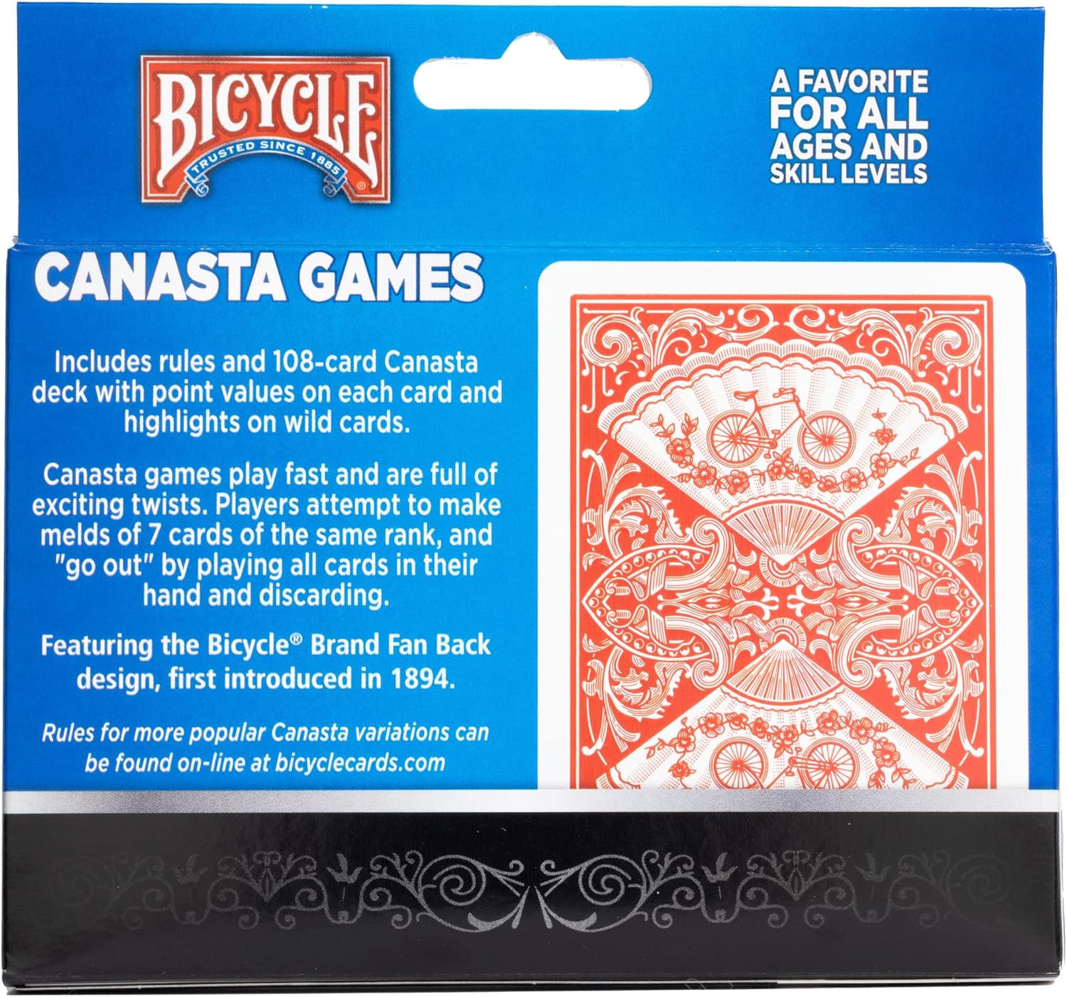 Bicycle Canasta Games packaging with blue background and red card design.