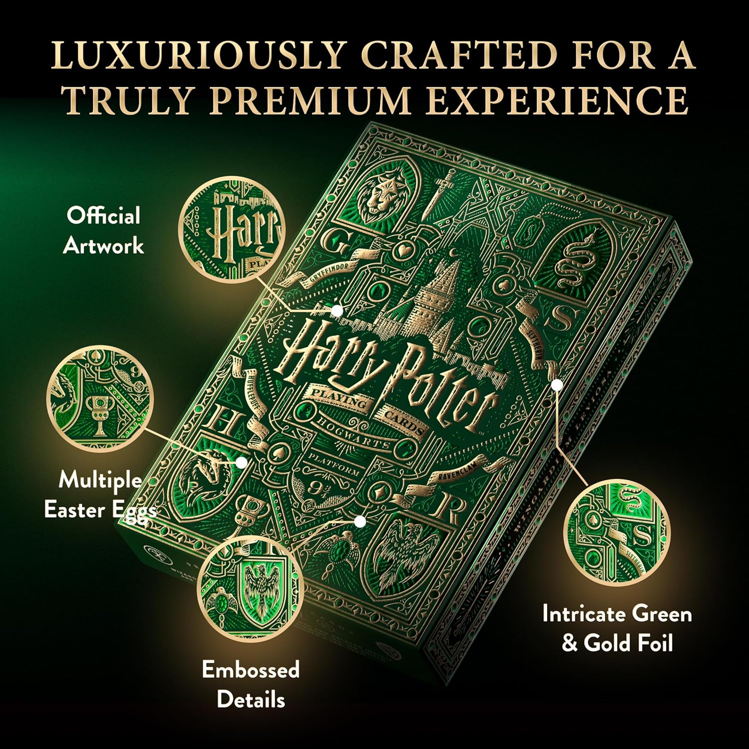 Harry Potter playing card box with green and gold design, text about luxury and features.