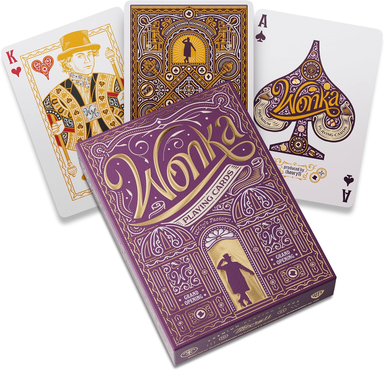 Wonka playing cards with a purple deck cover and gold text on a white background