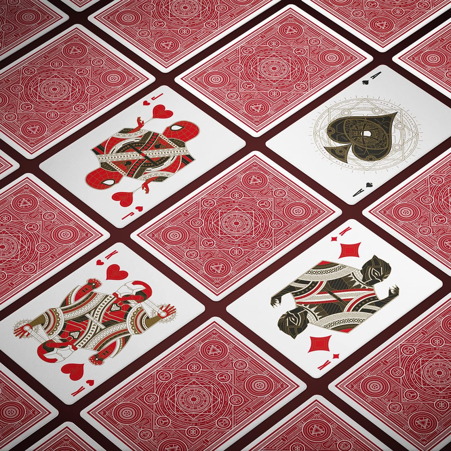 Pattern of playing cards with red and white suits on a brown background