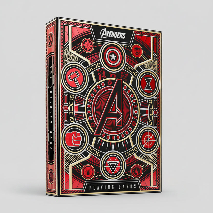 Avengers playing cards packaging with red, black, and gold design