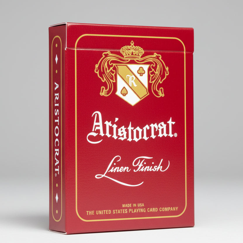 Red card box with Aristocrat branding and linen finish text