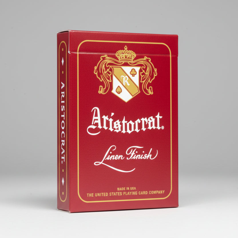 Aristocrat red playing card tuck box with classic branding and linen finish text