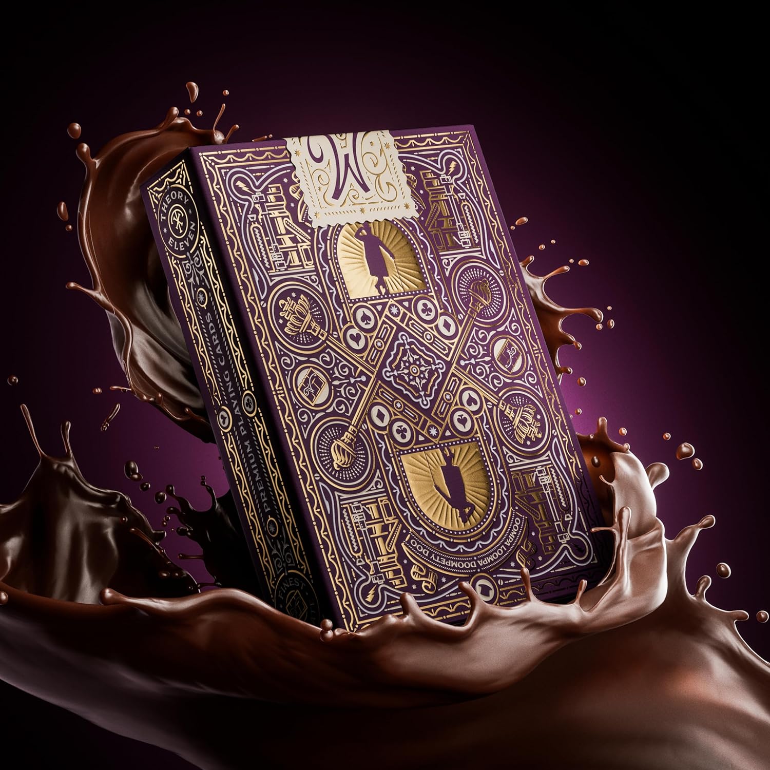 Decorative book with intricate designs surrounded by chocolate splashes on a dark background