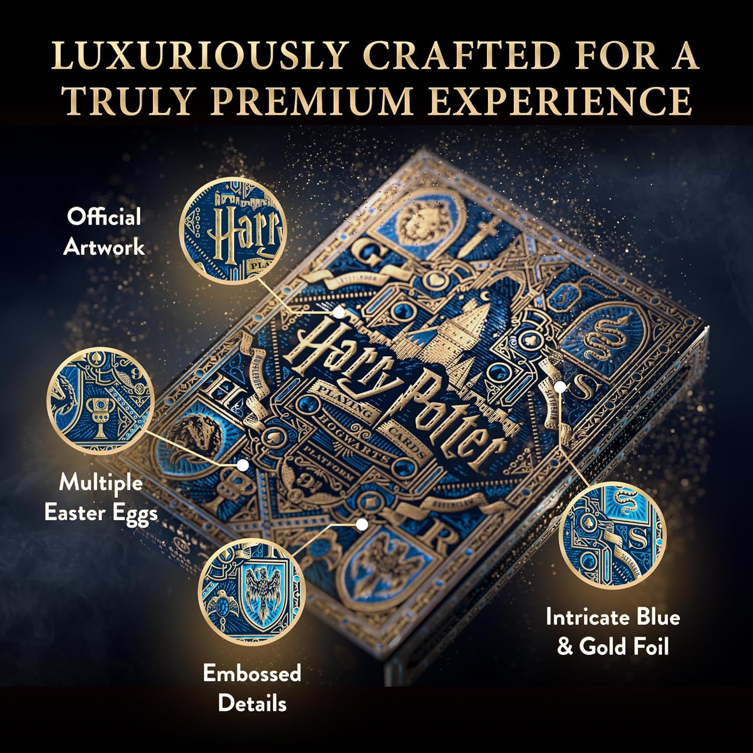 Luxurious Harry Potter product packaging with intricate design and text highlighting features.