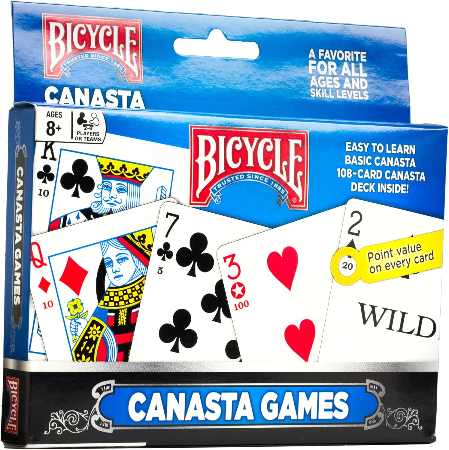 Bicycle Canasta card game packaging with playing cards displayed on a white background