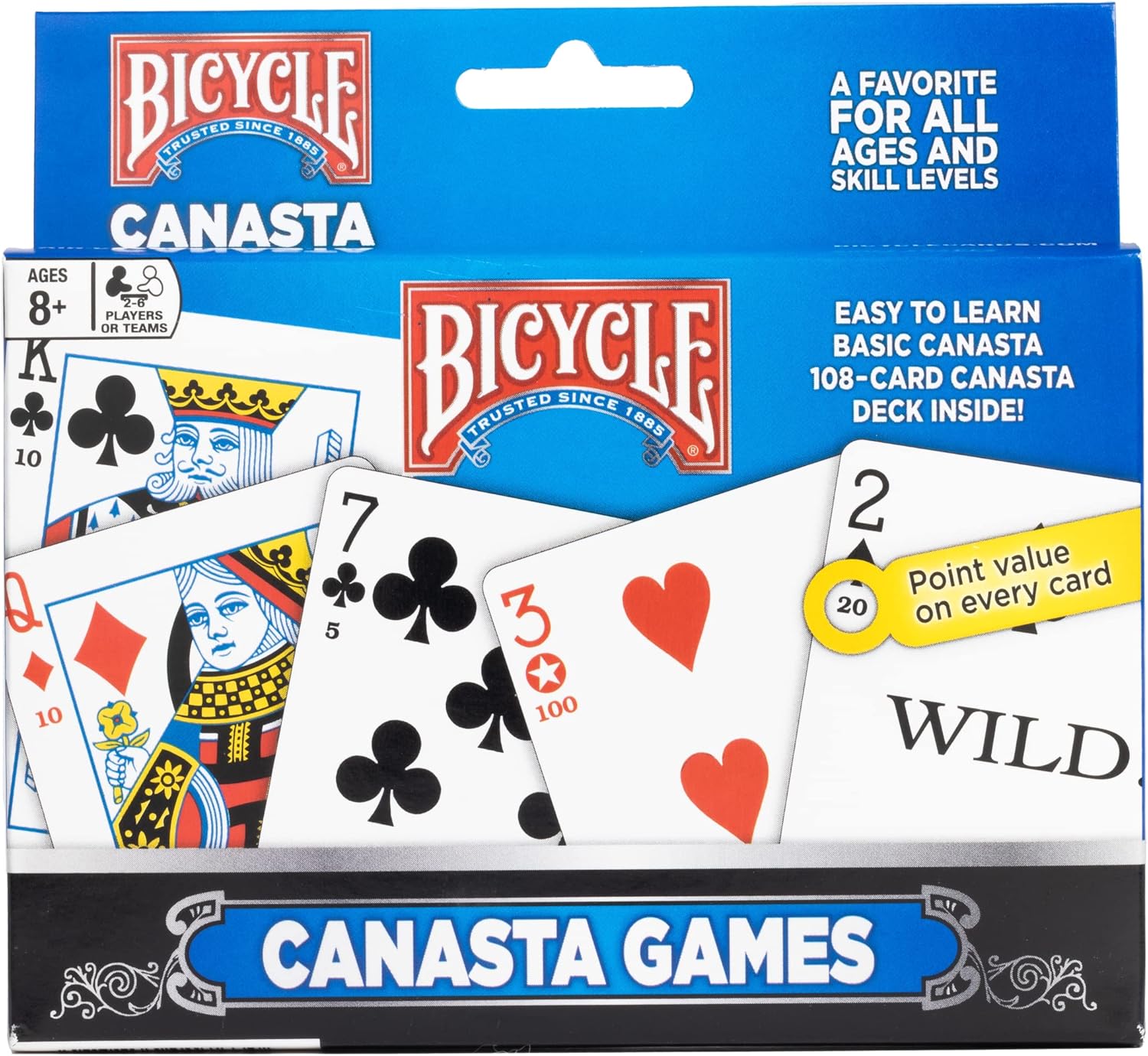 Bicycle Canasta card game packaging with playing cards and branding.
