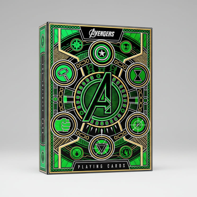 Avengers-themed playing cards with green and gold design