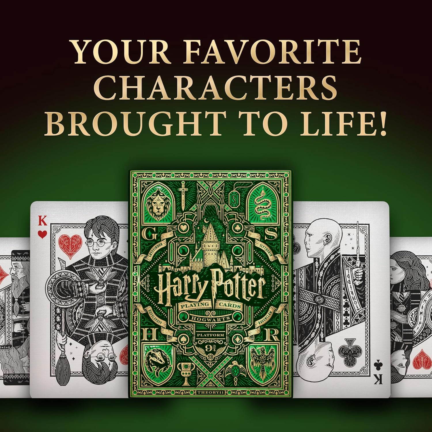 Harry Potter playing cards with character illustrations on a green background