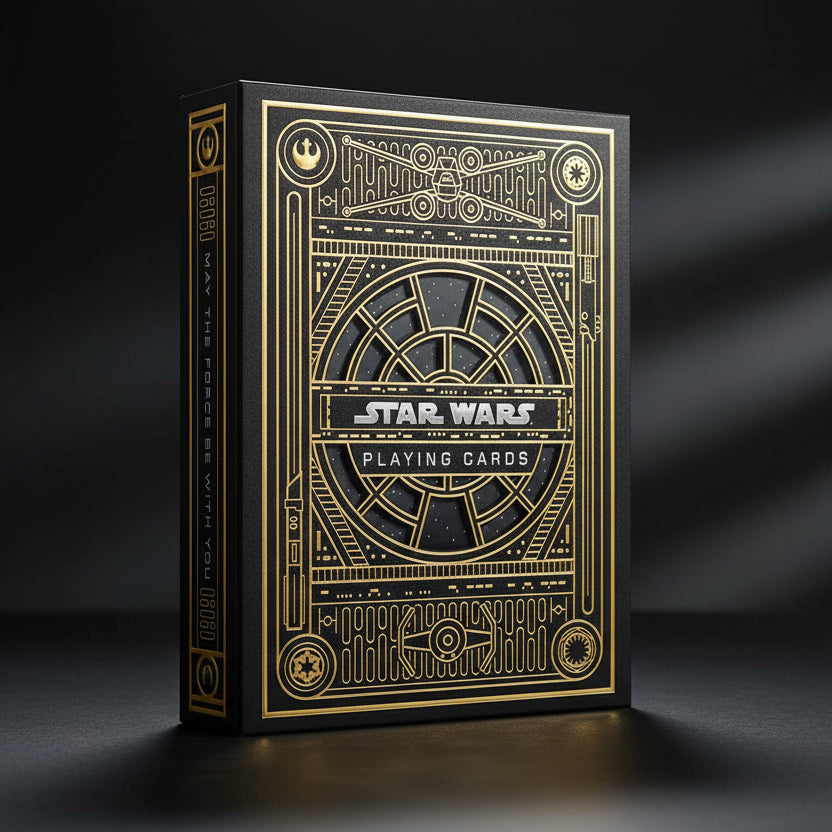 Star Wars playing cards packaging with geometric design and 'May the Force be with you' text.