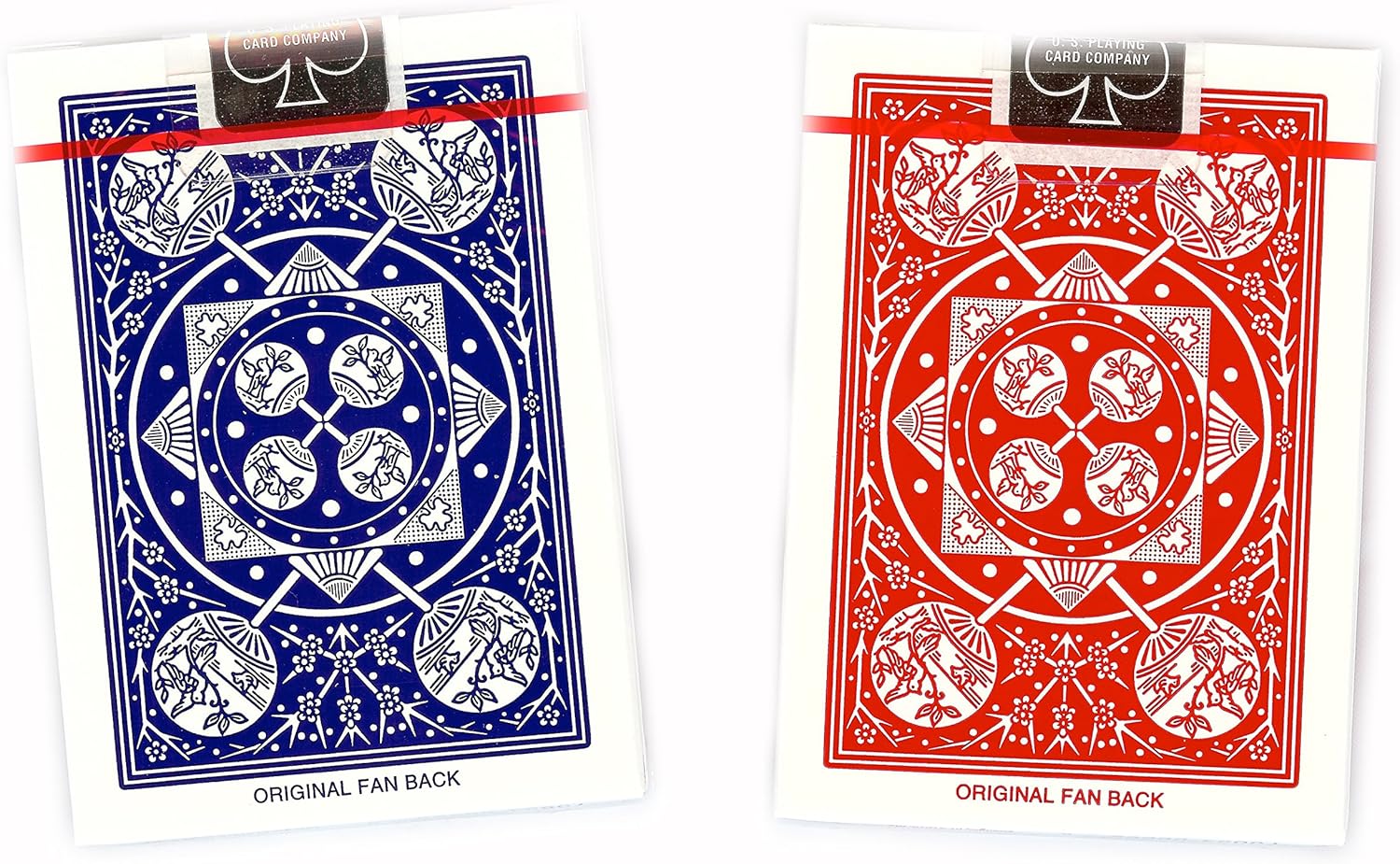 Two packs of playing cards, one blue and one red, with fan back designs on a white background.