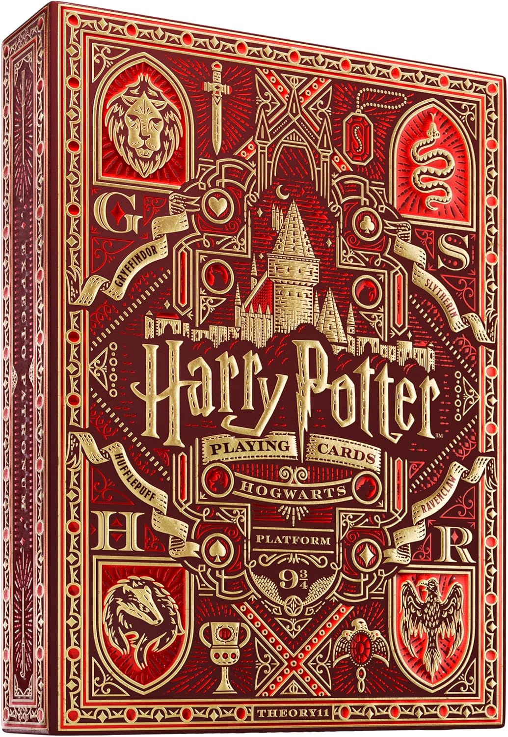 Red and gold Harry Potter playing cards box with intricate designs