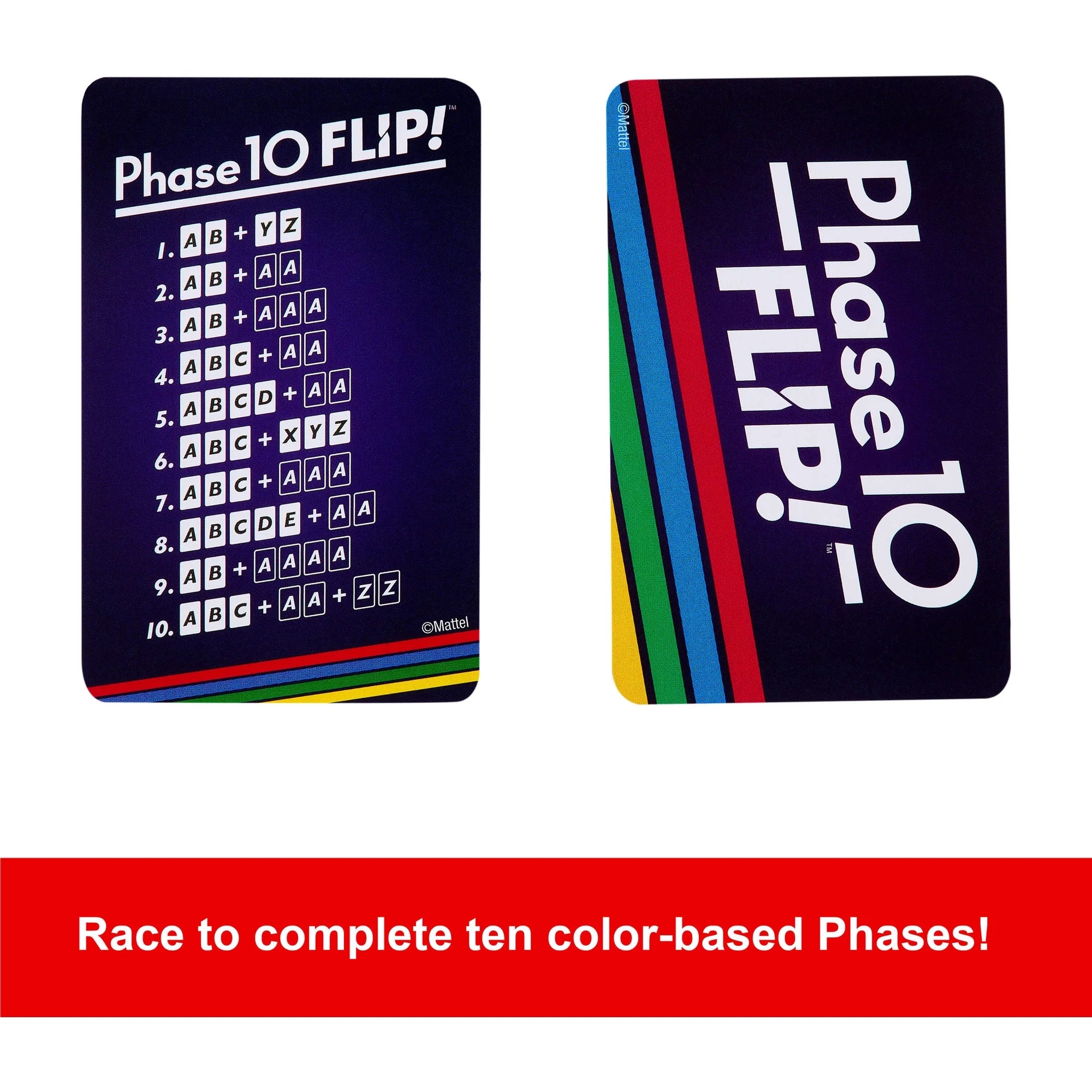 Two Phase 10 FLIP! activity cards shown on a white background with a red banner at the bottom reading 'Race to complete ten color-based Phases!'. The left card shows a phase list with letter and symbol options, and the right card shows the back with large white text and vertical rainbow stripes.