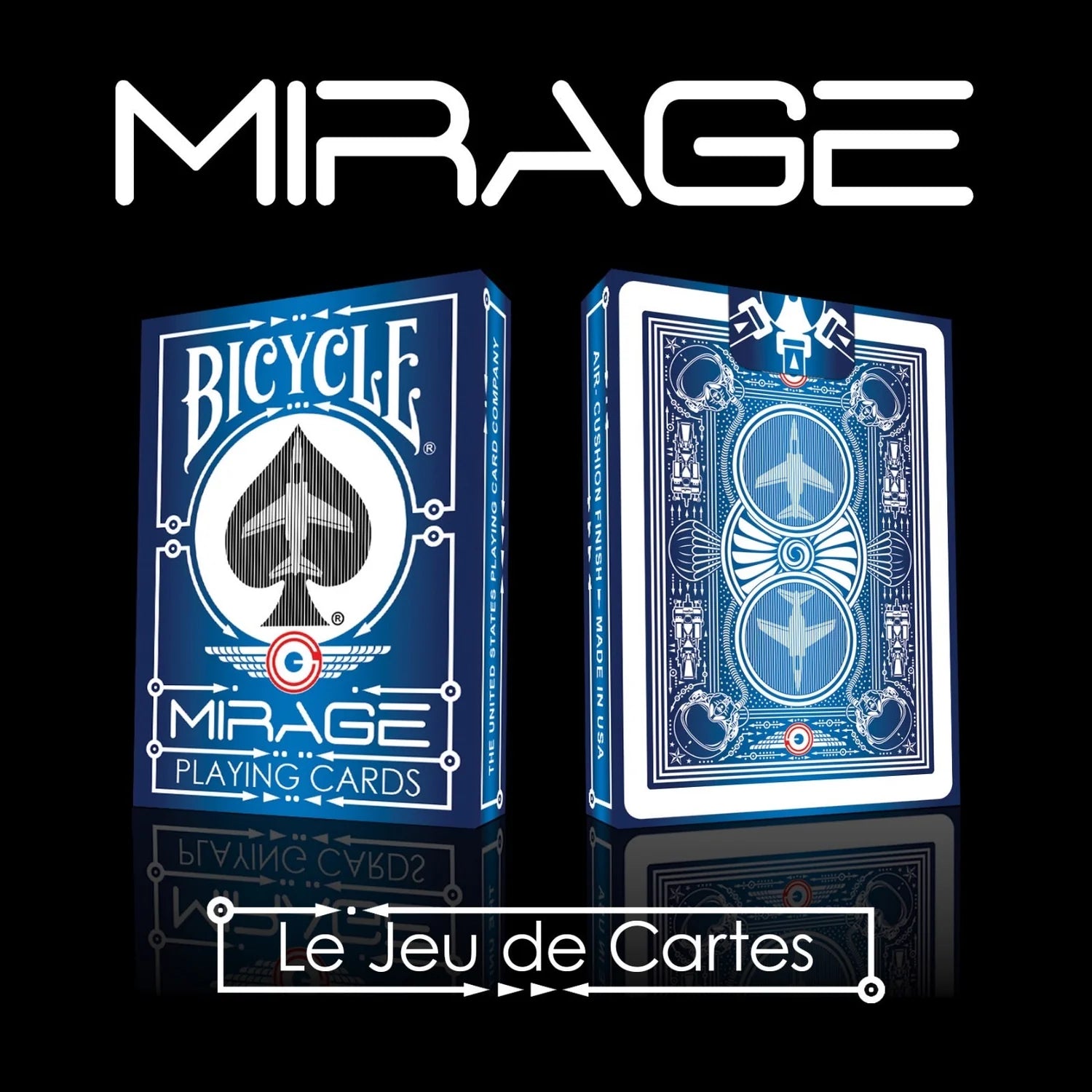 Bicycle Mirage playing cards with blue and white design on a black background