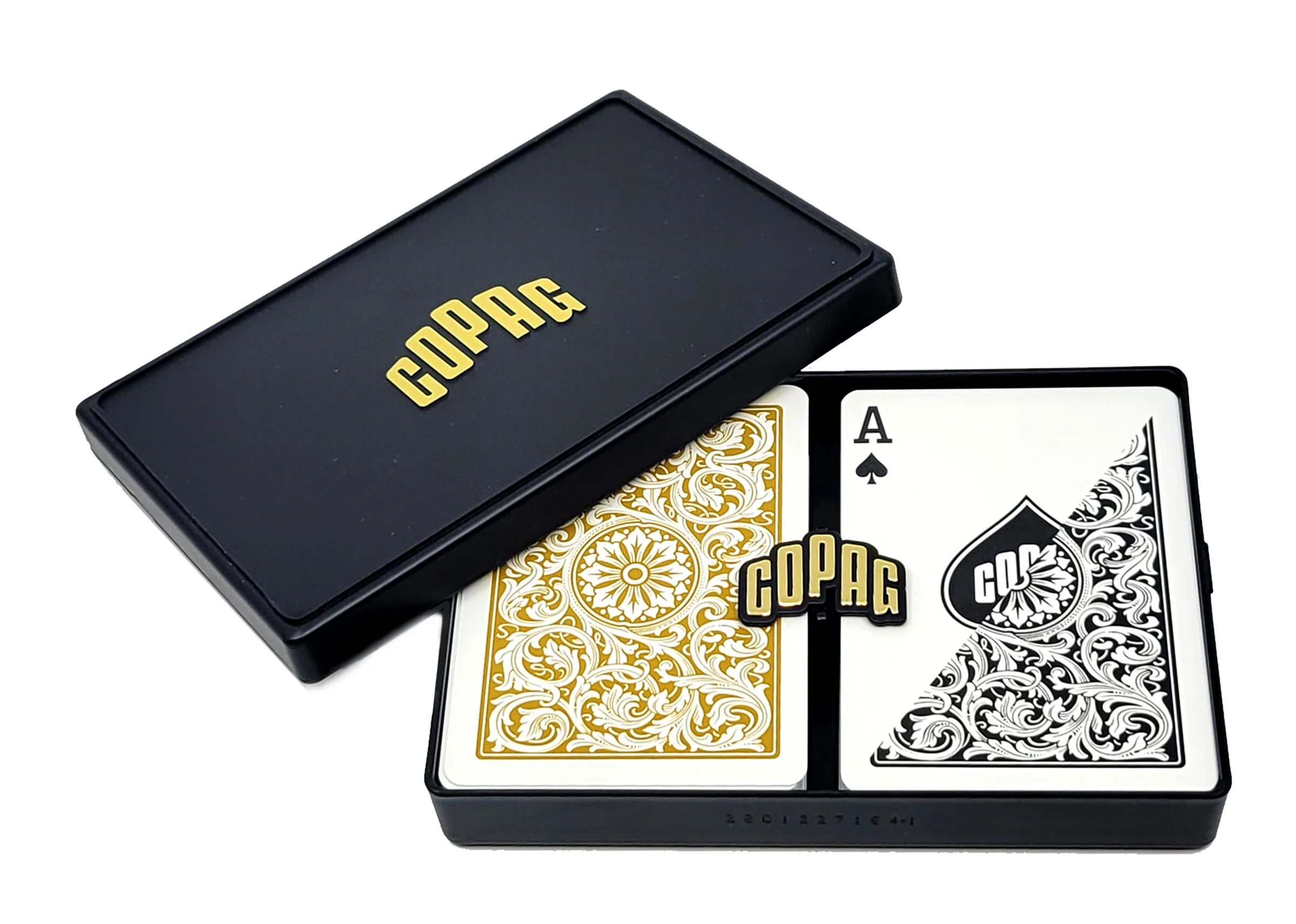 Black Copag 1546 Poker Size Regular Index (Black & Gold) playing cards box with gold text 'Copag' containing two playing cards, one gold and one black.