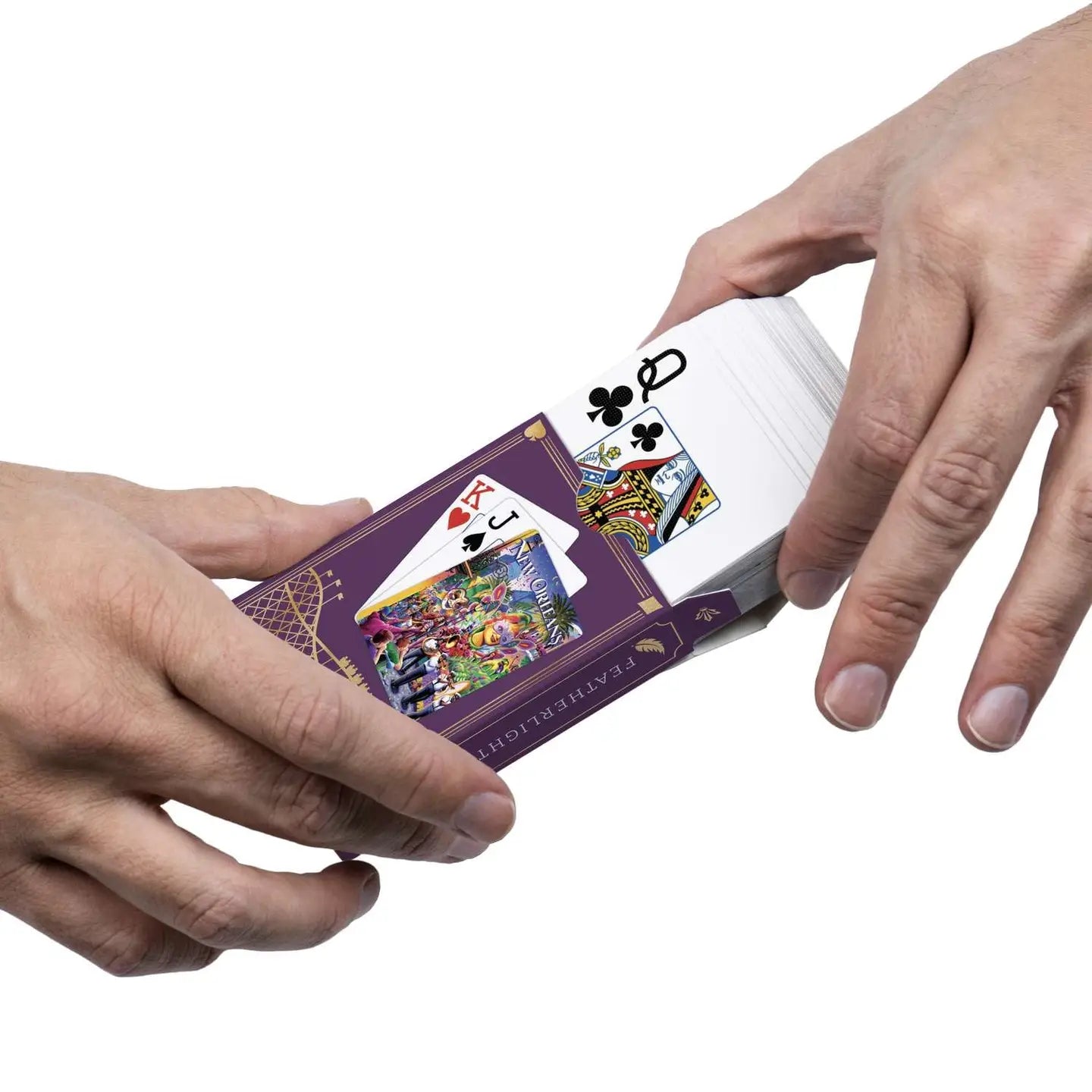 New Orleans Mardi Gras playing cards sliding from Boardwalk tuck box