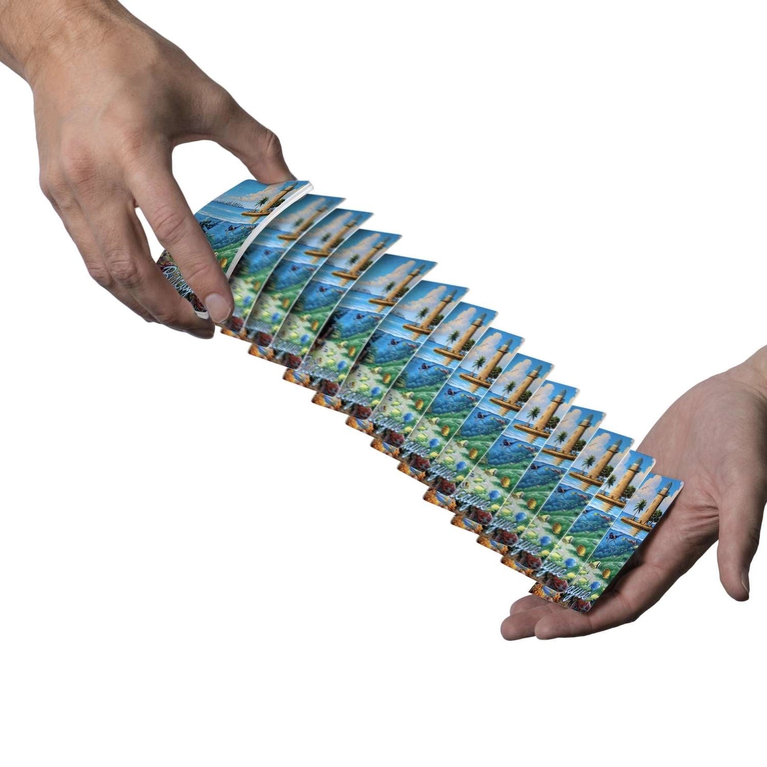 Biscayne Playing Cards by Boardwalk shown in a card spring with ocean artwork backs