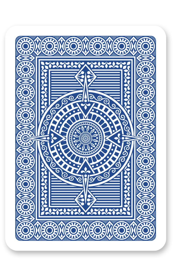 Blue playing card with intricate design on a white background