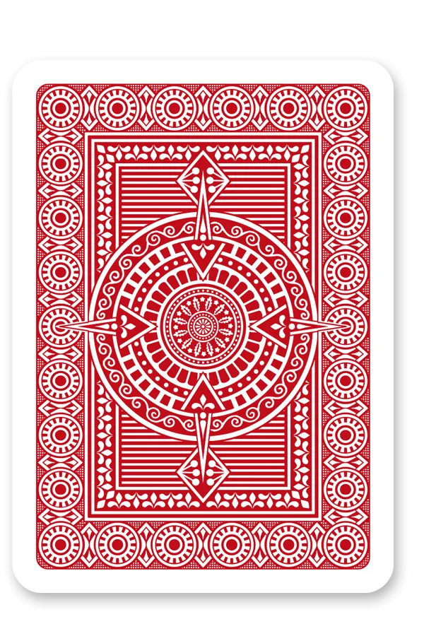Red playing card with a geometric design on a white background