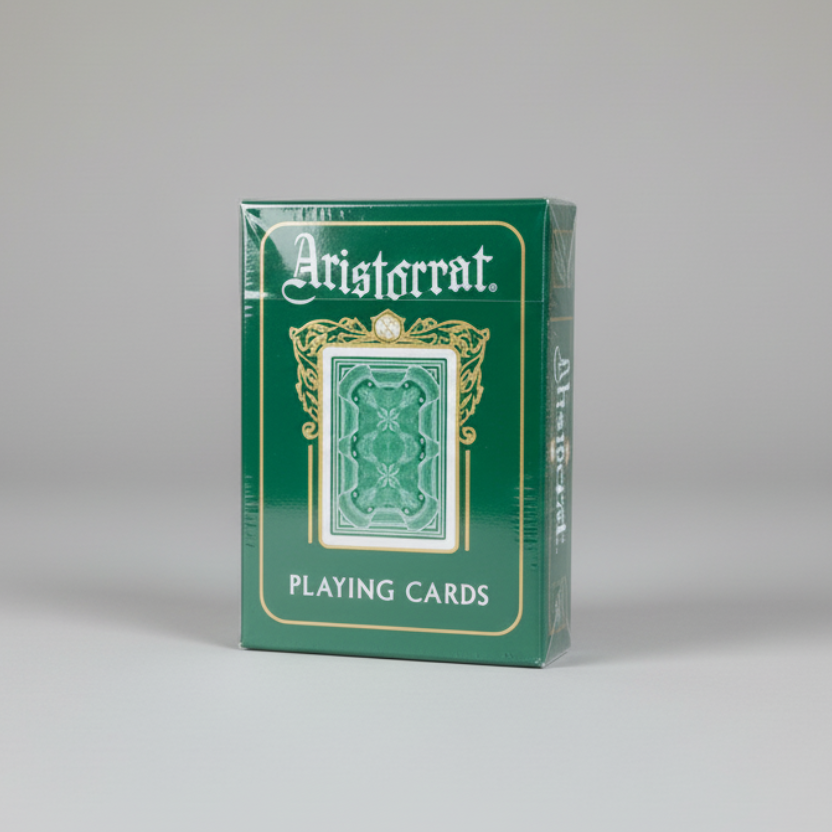 Currency green playing card deck with 'Aristocrat' branding on a white background
