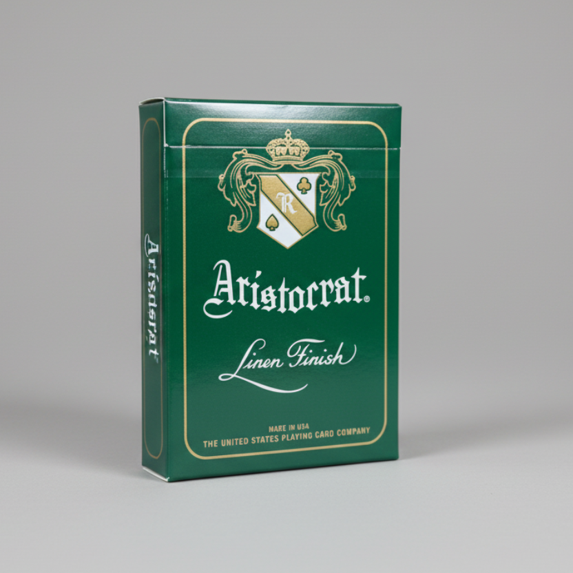 Currency green deck of Aristocrat playing cards with a logo on a white background