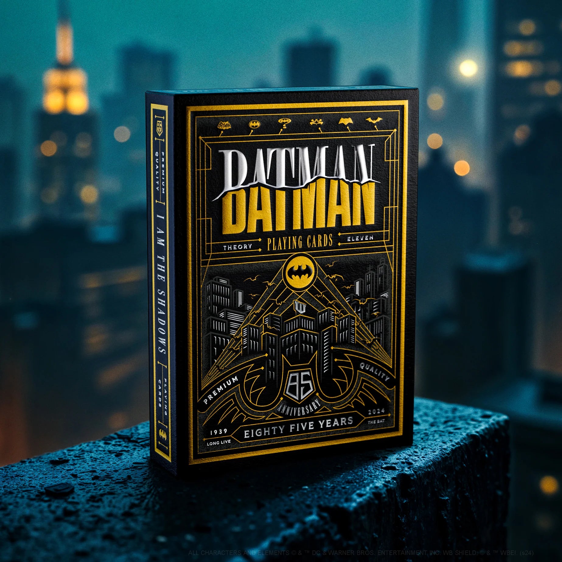 Batman playing cards box with cityscape background