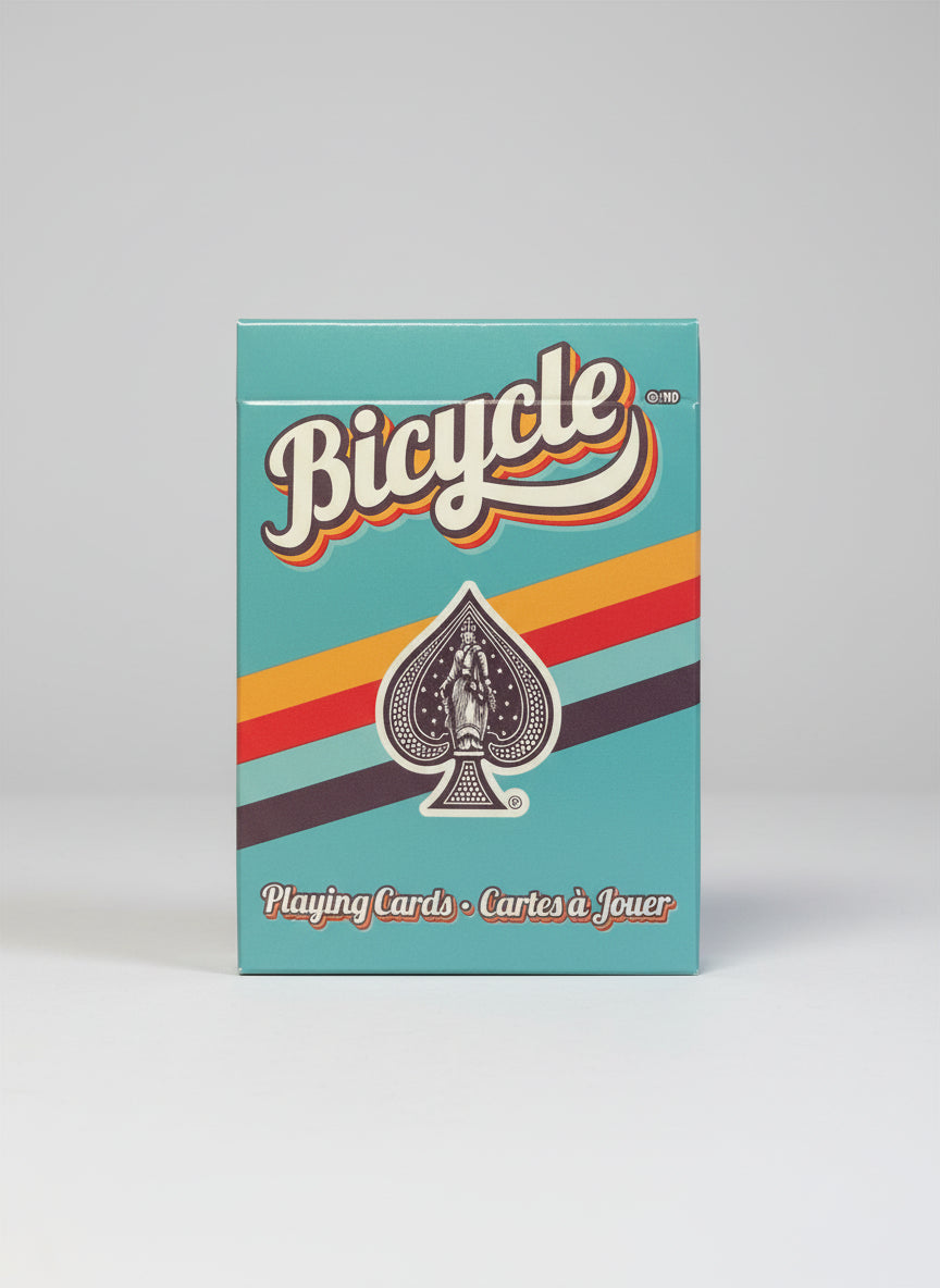 Bicycle playing cards packaging with vintage design on a blue background