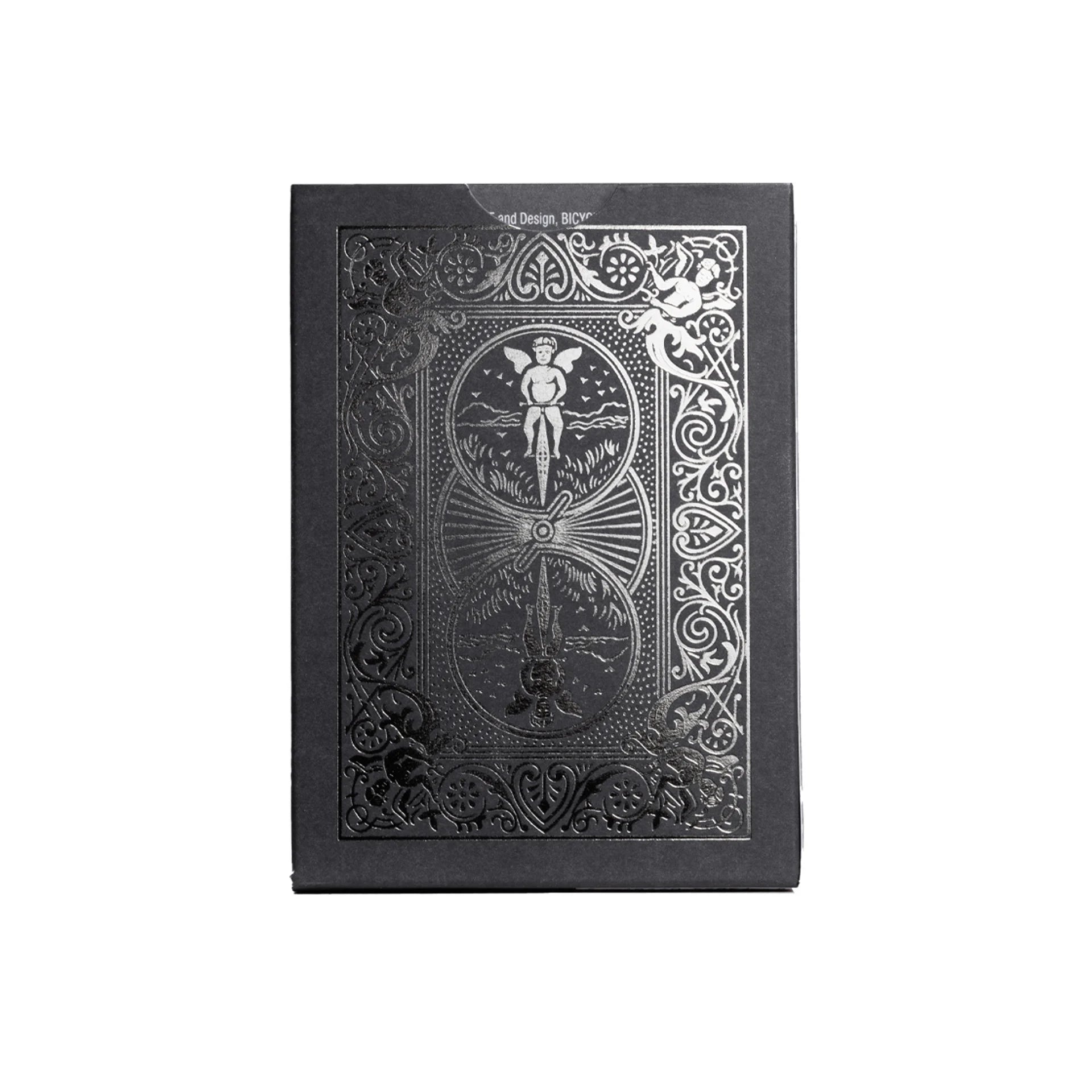 Decorative Bicycle Black & Silver Metalluxe playing cards with intricate silver designs on a white background