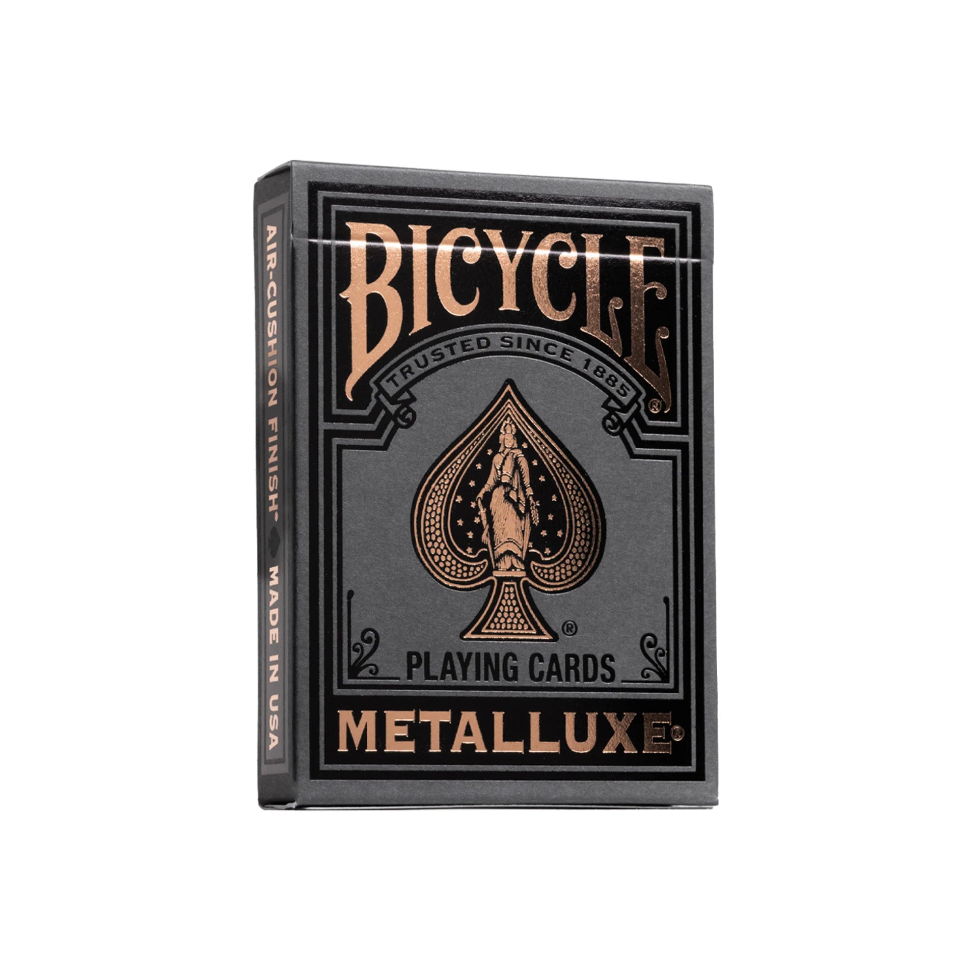 Bicycle Black & Rose Gold Metalluxe playing cards packaging on a white background
