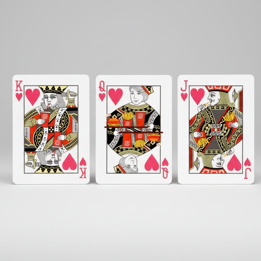 Bicycle Dom Dom Burger Playing Cards showing custom King, Queen, and Jack of Hearts court cards with Dom Dom food and drink artwork